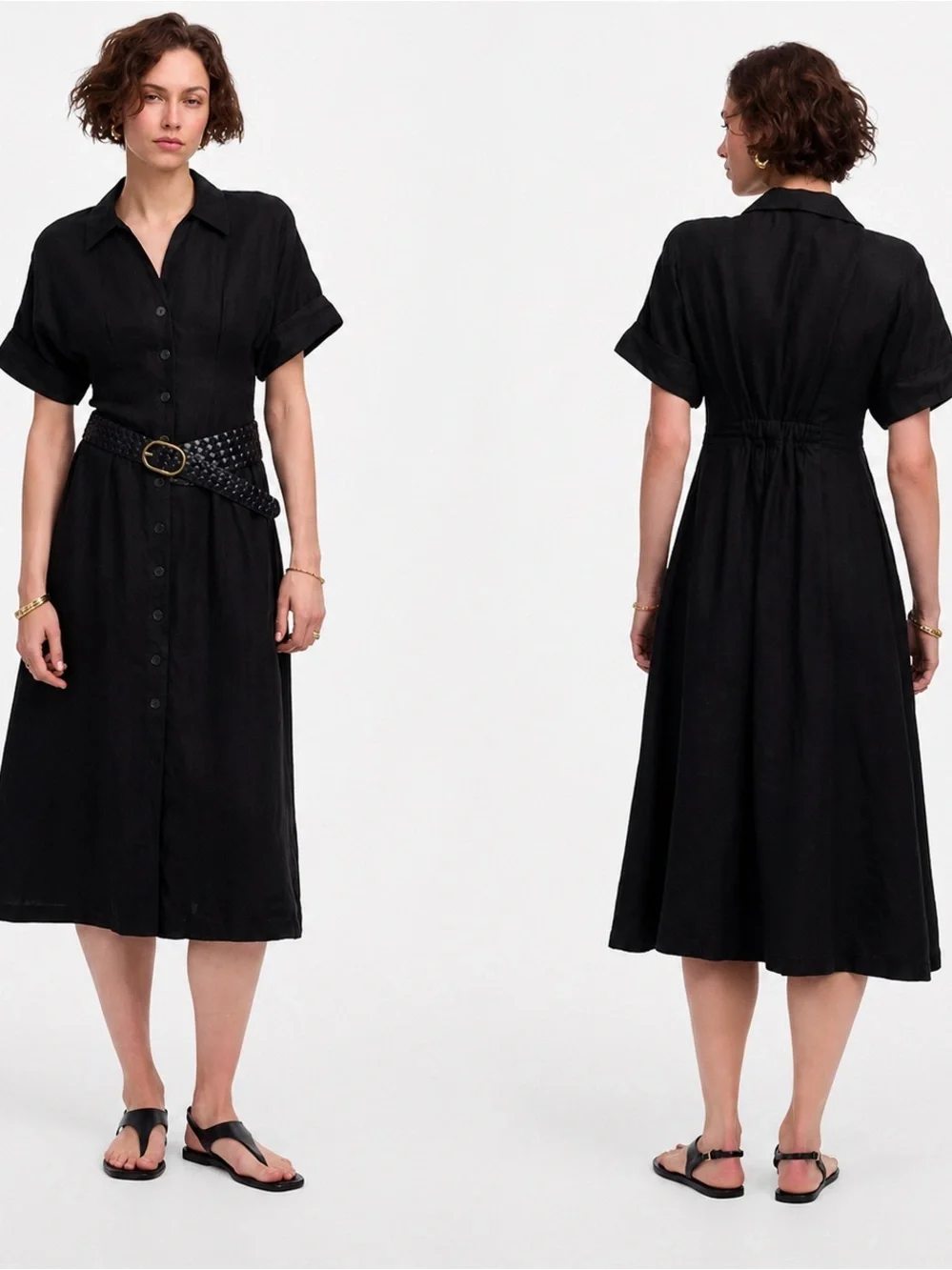 Madewell Linen Pleated Shirtdress Short Sleeve Black Size Small Relaxed Fit Midi - Picture 4 of 13